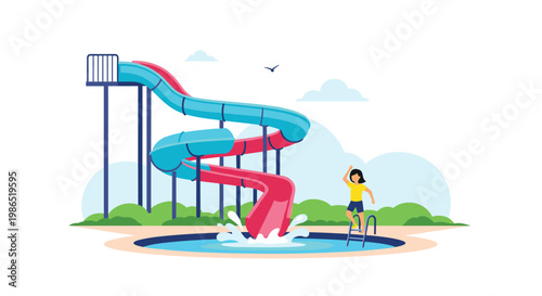 Vibrant water park scene with a large blue and red spiral slide leading into a swimming pool with a young girl standing by the ladder.