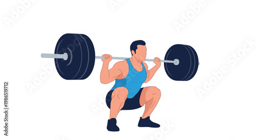 Man in athletic wear performing a heavy back squat with a large barbell in a flat color character illustration for fitness themes.