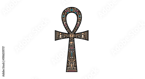 Ancient egyptian ankh symbol decorated with traditional hieroglyphics and patterns in earth tones for a cultural heritage design.