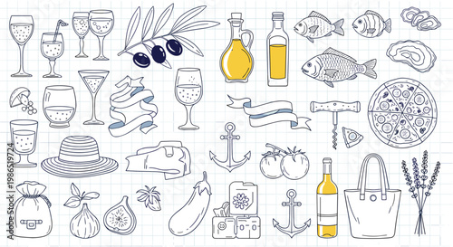 Various mediterranean food sketches including wine glasses, olives, olive oil bottles, fish, pizza, and vegetables on a grid background.