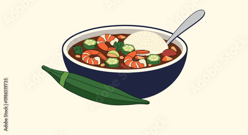 Traditional bowl of shrimp gumbo with okra slices and a scoop of white rice served with a large whole okra on the side.