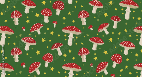 Whimsical pattern featuring red fly agaric mushrooms and yellow stars on a dark green background for a forest fantasy theme.