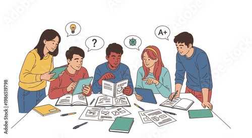 Diverse group of people studying together.