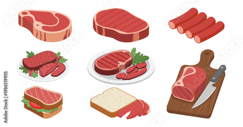 Beef steak and meat cuts icon set, ribeye steak grilled steak sliced beef meat sandwich butcher knife cutting board, food preparation butcher shop concept, clean vector illustration.