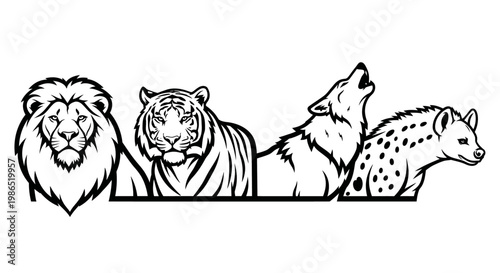 Lion tiger wolf hyena animal heads.