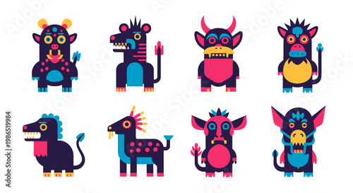 Colorful fantasy creatures standing together.