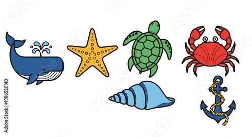 Sea creatures and nautical icons set.