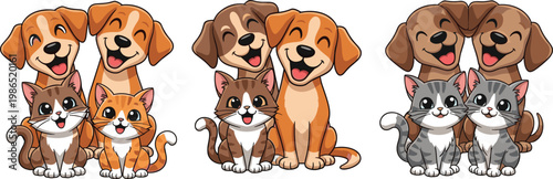 Cartoon Dog and Cat Vector Set Featuring Cute Pet Companions with Smiling Expressions for Children’s Books, Stickers, and Creative Designs