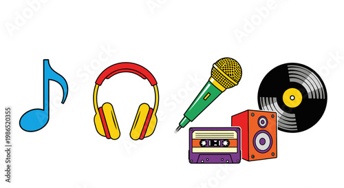 Music symbols and audio equipment icons.