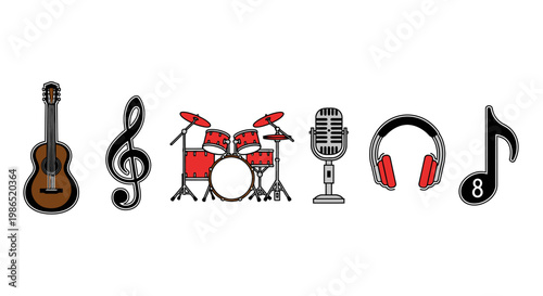 Music instruments and audio equipment icons.