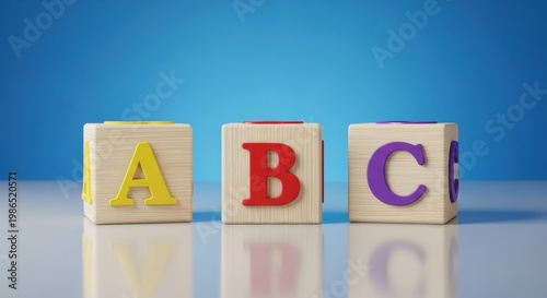 Three wooden alphabet blocks A B C in a row ABC blocks
