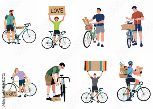 Collection of flat vector illustrations depicting traditional Scottish Highland dancers in various poses and colorful kilts, including the iconic sword dance.