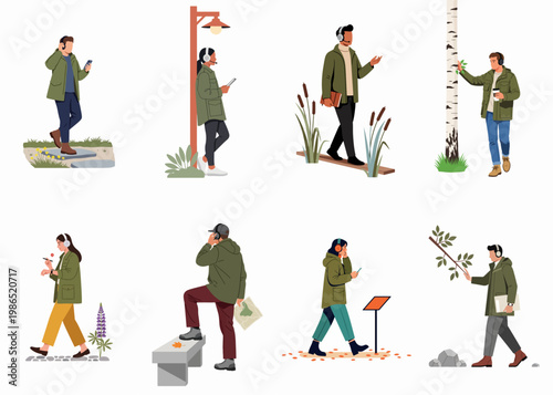 Collection of wildlife photographers and researchers in camouflage gear, capturing nature and animals across diverse environments, from deserts to snowy forests.