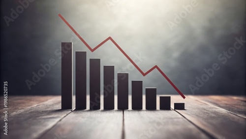 A 3D bar graph with descending black bars and a red line chart showing a sharp decline on a wooden surface with a blurred background.