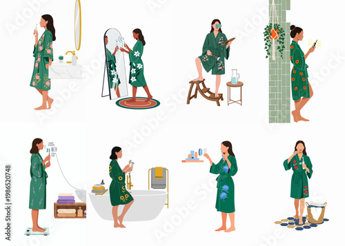 Comprehensive Set of Flat Illustrations Featuring Scuba Divers Engaging in Various Underwater Activities and Marine Exploration Tasks