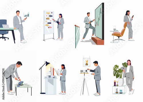 Comprehensive collection of flat vector illustrations featuring professional sommeliers and waiters in formal attire performing various wine service tasks.