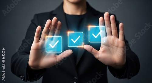 Person interacting with glowing checkmark interface