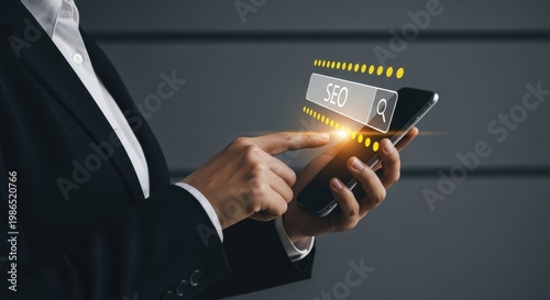 Person using smartphone for S E O search engine optimization
