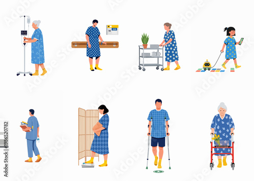 Set of diverse people wearing virtual reality headsets and controllers, experiencing various immersive VR simulations and digital environments in a flat vector style.