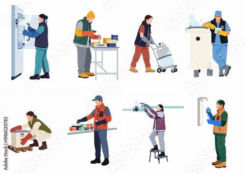 Collection of diverse professional butchers and meat processing workers illustrations, showing various steps of butchery and meat cutting isolated on white background.