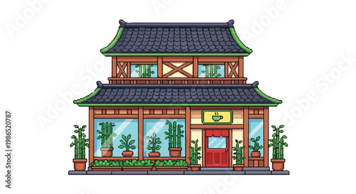 A charming two-story vector illustration of a traditional Asian tea shop with dark tiled roofs and numerous lush green bamboo plants.