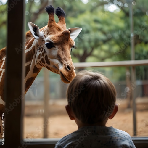 Child watching giraffe through glass, over-the-shoulder shot, soft defocused zoo background, natural lighting, emotional connection, copy space