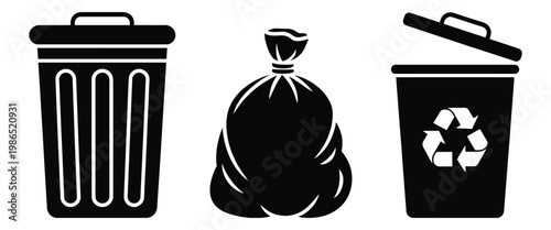 Black silhouette trash can garbage bag recycling bin icons, waste disposal recycling symbols environmental protection concept, clean minimal vector illustration.