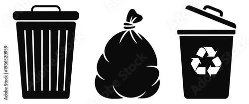 Black silhouette trash can garbage bag recycling bin icons, waste disposal recycling symbols environmental protection concept, clean minimal vector illustration.