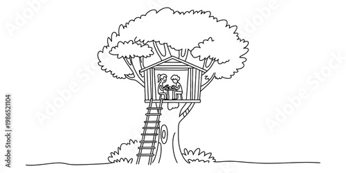 A black and white line drawing of two children playing inside a wooden treehouse with a ladder