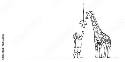 A young boy reaching up to feed a leaf to a tall giraffe in a minimalist one line drawing style