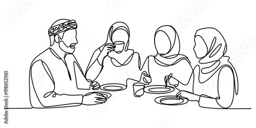 Single line art of a diverse muslim family enjoying a traditional meal together at a table