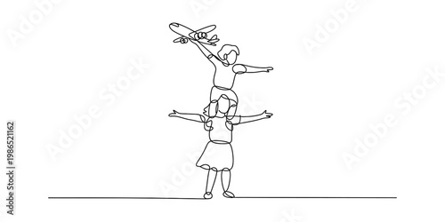 Continuous line drawing of a child sitting on a parent's shoulders holding a toy airplane.