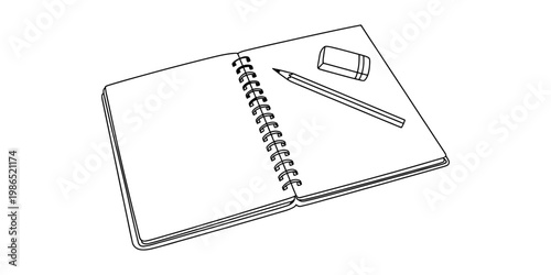 A black and white line drawing of an open spiral notebook with a pencil and an eraser on top.