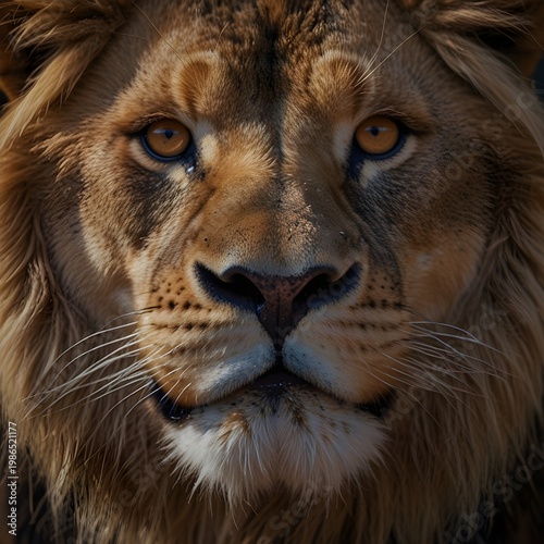 Lion face close-up with strong eye focus, shallow depth of field, blurred nature background, dramatic lighting, wildlife awareness concept