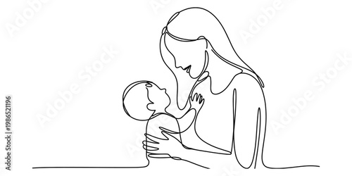 Minimalist continuous line drawing of a mother holding her newborn baby with love and care