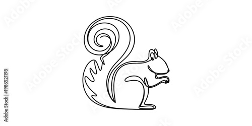 Continuous line drawing of a cute squirrel with a large bushy tail sitting on a white background