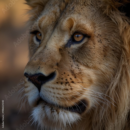 Lion face close-up with strong eye focus, shallow depth of field, blurred nature background, dramatic lighting, wildlife awareness concept