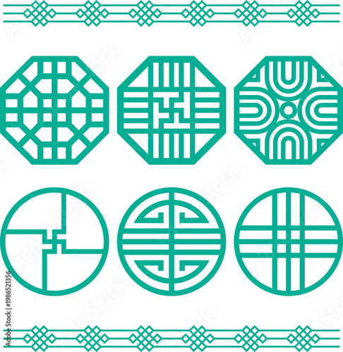 Teal Asian Geometric Pattern Set featuring three octagonal and three circular motifs with traditional lattice designs and horizontal knot borders on a white background vector.