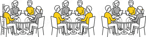 Creative team brainstorming session around table with colleagues sharing ideas, collaborative discussion in modern office line vector illustration