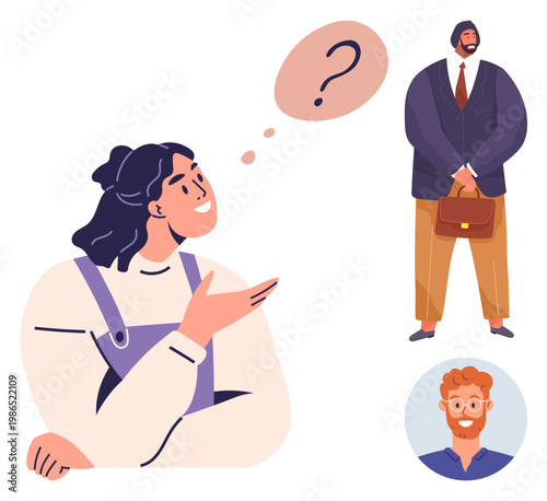 Decision-making, curiosity, interpersonal relationships, communication, observation, choice. A woman with a question mark pondering two men. Decision-making and curiosity concept