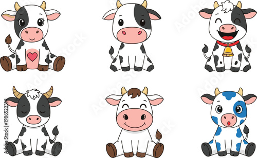 Cartoon Cow Vector Collection Featuring Cute Farm Animals with Playful Expressions and Unique Patch Designs