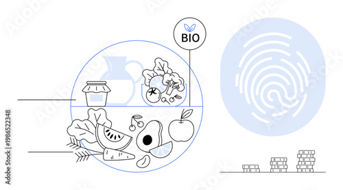 Organic food, sustainability, digital identity, health, food safety, technology. Diverse organic fruits and vegetables, biometric fingerprint jars stacks of coins. Organic food and sustainability