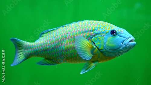 A vibrant blue and green tropical fish with iridescent scales swimming gracefully in clear water.