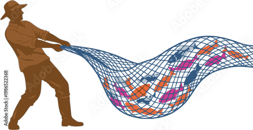 Fisherman casting a net full of fish with fisherman activity illustration silhouette wildlife commercial industry aquaculture