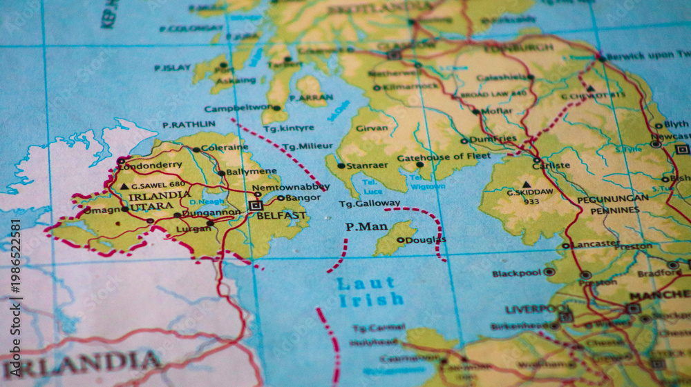 Obraz premium Map of the Irish Sea and surrounding countries. Detailed cartography showing the body of water between Ireland and Great Britain, including coastal regions of England, Wales, Scotland, and Northern Ir