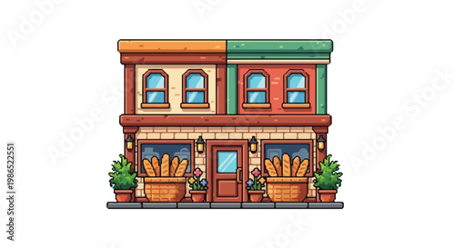 A colorful vector illustration of a two-story bakery shop with baskets of fresh bread in the windows and potted plants by the door.