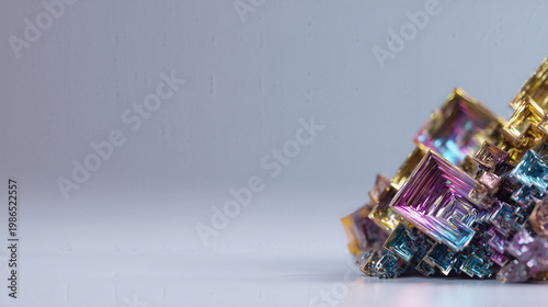 Iridescent staircase geometric structures of a laboratory grown bismuth crystal cluster on a plain grey minimalist surface