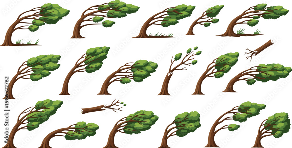 Fototapeta premium Wind Blown Tree Set with Bending Trunks and Moving Leaves Storm Weather Nature Illustration Collection