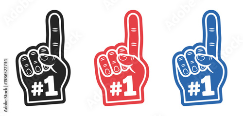 Bold foam finger hand number one sign icon set, sports cheering fan support victory celebration and team spirit concept, simple minimal vector graphic design.