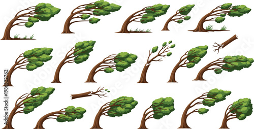 Wind Blown Tree Set with Bending Trunks and Moving Leaves Storm Weather Nature Illustration Collection